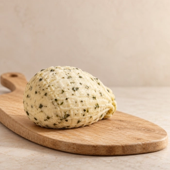 Swojski ser z bazylią, oregano i tymiankiem niewędzony 350g na jasnej desce